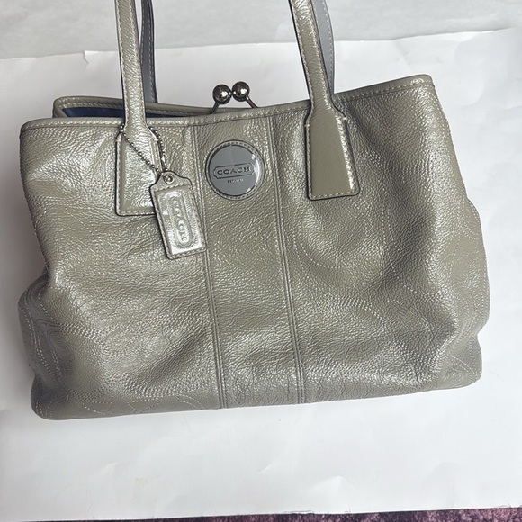 Coach Stitch Framed Kisslock Carryall Tote Bag in Olive / Gray Leather - Picture 10 of 13